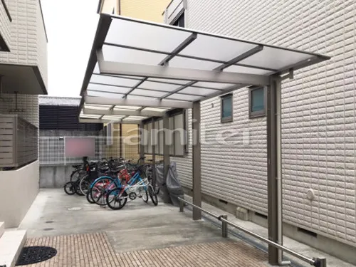 堺市 エクステリア工事 自転車バイク屋根堺市 エクステリア工事 三協アルミ ニューマイリッシュ F型フラット屋根 サイクルポート 駐輪場屋根