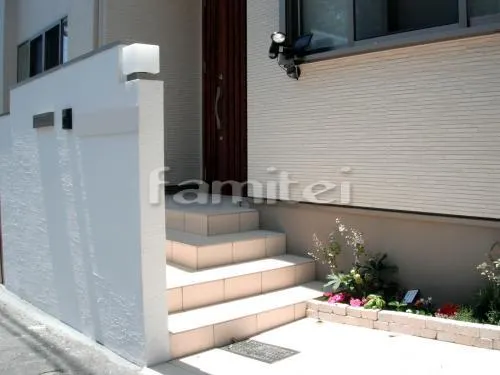 明石市　シンプルオープン外構　門柱×角　アプローチタイル階段　テラス屋根