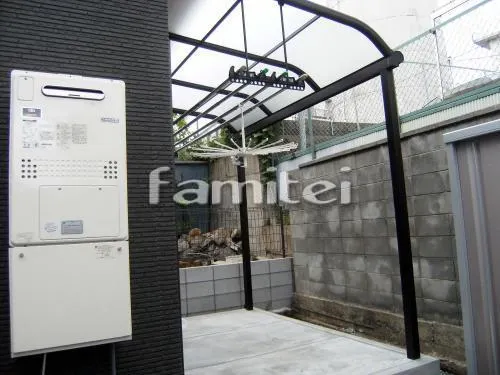 京都市　シンプル外構　カーポート プライスポート2台　石門柱 　イナバ物置 