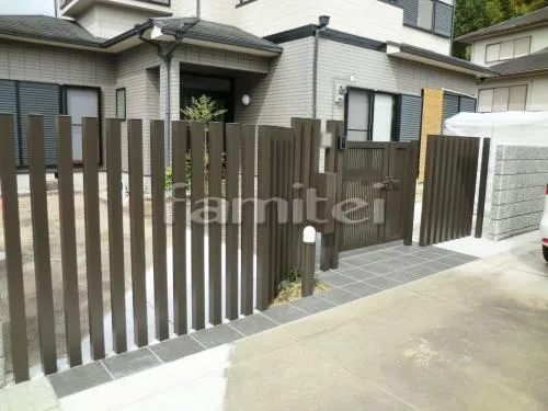 香芝市 門周りリフォーム 木調アルミ角柱 アルミ門扉 LIXIL(リクシル) プリレオR3 