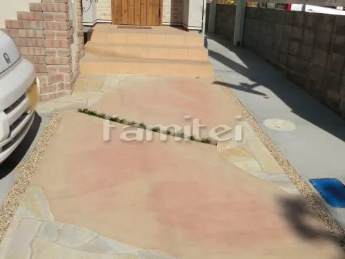 和歌山市  ナチュラルオープン外構 カーポート プライスポート1台 車庫土間コンクリート 目地：樹脂性洗い出し ストーンパース