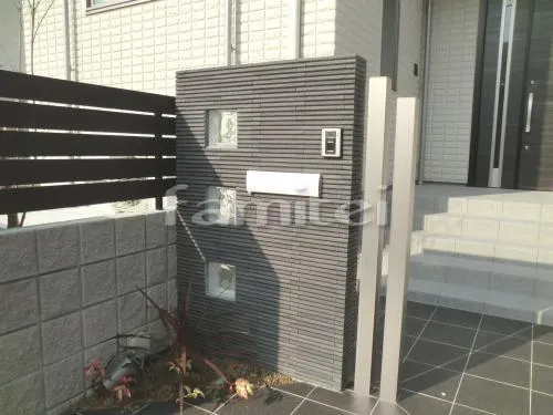 和歌山市 新築オープン外構 ガラスブロック門柱 目隠しフェンス塀 勝手口門扉 プレリオＲ4型 LIXIL