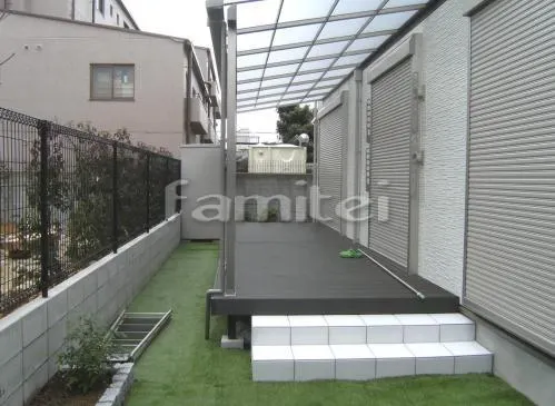 伊丹市　新築クローズ外構 プリレオR1型門扉 ウッドデッキ サンクテラス屋根