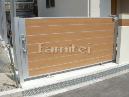 尼崎市 新築セミクローズ外構 引戸門扉 エススライドD型 LIXIL カーポート マイリッシュ1.5台　三協アルミ