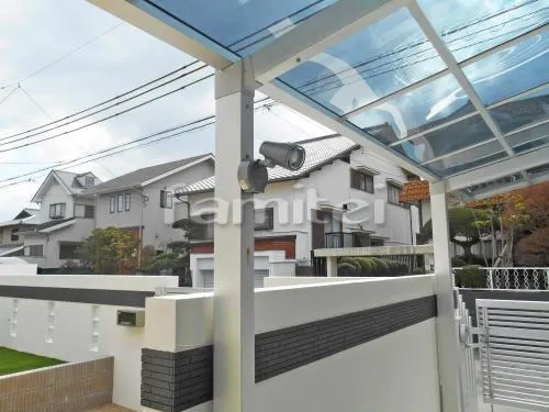 奈良市 外構工事 門柱 照明 表札 ポスト 門扉 袖壁 角柱 アプローチ 玄関エントランスライト照明 玄関通路 駐車場ガレージまわり カーポート 土間コンクリート 溝蓋 塀 お庭まわり タイルデッキ 花壇 照明 人工芝 犬走り雨除け屋根 洗濯干し場 自転車バイク置き場 防犯砂利敷き