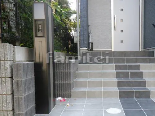 高槻市 外構工事 門柱 アプローチ 手摺り 花壇 駐車場屋根 サイクルポート 土間コンクリート