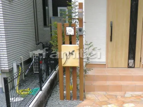 堺市西区 外構工事 アプローチ 門柱 植栽 照明 ポーチ 土間コンクリート 境界フェンス 犬走り