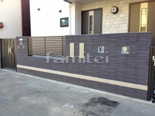 東大阪市 外構工事 モダン二世帯門柱 表札灯ライト照明 表札 郵便受けポスト 玄関門扉 伸縮門扉 