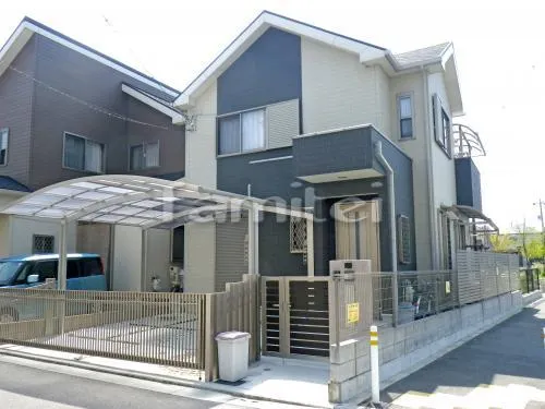 堺市美原区 外構工事 玄関まわり 門柱 ポスト 門扉 角柱 ガレージまわり 駐車場屋根 門扉