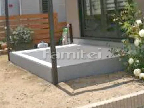 橿原市 リフォーム庭園工事 ひさし除け屋根 TAKASHOタカショー フレーム・ポーチ 日除けシェード ポーチガーデン タイルデッキ INAXイナックス グレイスランド300角 LIXILリクシル 立水栓 ニッコー コロル ピンコロ囲い水受け(パン) 土間モルタル仕上げ 洗い場