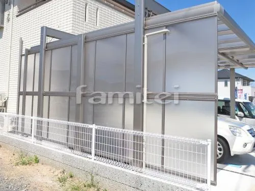 和歌山市 外構工事 玄関アプローチ 門柱 木製調デザインアルミ角柱 郵便受けポスト ピンコロ石花壇 門柱灯エントランスライト照明 ガレージまわり 駐車場屋根 土間コンクリート