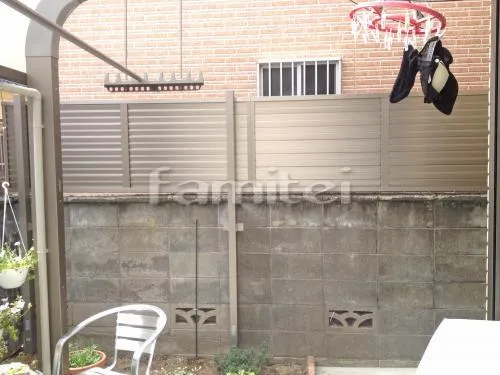 泉南市 エクステリア工事 目隠しフェンス塀 LIXILリクシル プレスタ8型 TOEXトエックス 立水栓 ユニソン スプレスタンド ダークレッド 蛇口2個ゴールド 水受け皿(パン) シャインポット