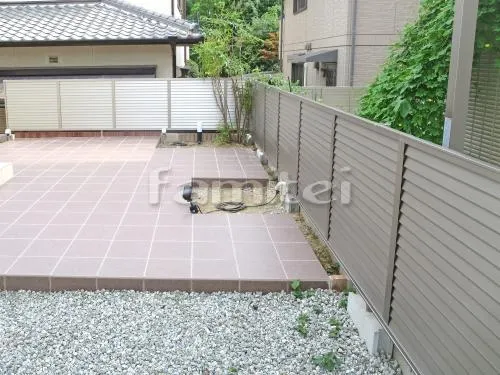 北葛城郡上牧町 リフォーム庭園工事 タイルデッキ アイコットリョーワ マディソン300角 MD-300M-83・88 目隠しフェンス塀 LIXILリクシル プレスタ8型 TOEXトエックス オーニング LIXILリクシル 彩鳥 電動式 TOSTEMトステム