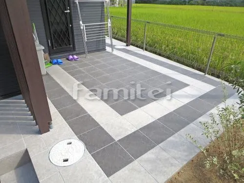 堺市東区 お庭リフォーム工事 お庭アーチ LIXILリクシル プラスG フレーム 柱 デザイン格子 TOEXトエックス 木製調角柱 角材 洗濯干し屋根 LIXILリクシル Gルーフテラス TOEXトエックス 1階用 F型フラット屋根 内部日除け 着脱式物干し タイルデッキ INAXイナックス グレイスランド300角 LIXILリクシル