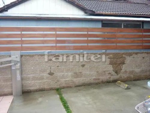大阪市旭区 リフォーム部分工事 ベランダ屋根 YKKAP ヴェクターテラス屋根(ベクター) 2階用 R型アール屋根 物干し 目隠しフェンス塀 化粧ブロック積み足し ユニソン シャモティ 和風目隠し竹垣 TAKASHOタカショー 御簾垣(みす垣)