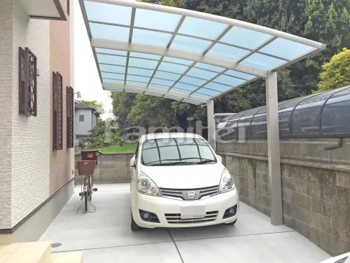 羽曳野市 外構工事 新築ナチュラル オープン外構 玄関まわり 門柱 ポスト 化粧砂利 ポーチ ガレージまわり 駐車場屋根 土間コンクリート