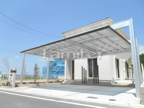 木津川市 外構工事 新築モダン オープン外構 玄関まわり 門柱 照明 表札 ポスト 花壇 アプローチ お庭まわり 植栽 タイルデッキ 水受け フェンス　カーポート 土間コンクリート 角柱