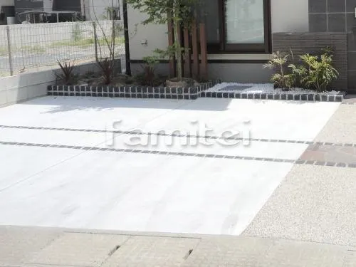 海南市 外構工事 新築モダン オープン外構　玄関まわり アプローチ 門柱 表札 ポスト 照明 花壇 駐車場ガレージ床 土間コンクリート サイクルポート