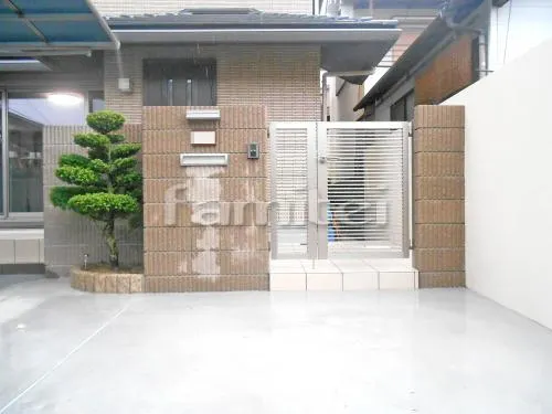 天理市 外構工事 新築ベーシック セミクローズ外構 玄関まわり 門袖 照明 表札 ポスト 花壇 門扉 ガレージまわり 駐車場屋根 土間コンクリート