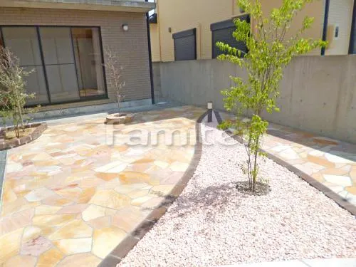 和歌山市 リフォーム庭園工事 お庭リフォーム外構 お庭 床石貼り 乱形石 石英岩 イエロー ピンク 縁レンガライン ユニソン プログエステートブリック ストレート シャドーブラウン 化粧砂利 シンボルツリー ハイノキ 常緑樹 植栽 花壇 土間コンクリート