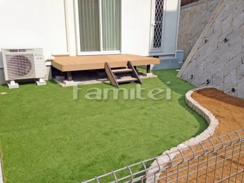 生駒市 リフォーム庭園工事 お庭リフォーム外構 人口木ウッドデッキ 花壇 本物そっくり人工芝 カーポート ベランダ屋根