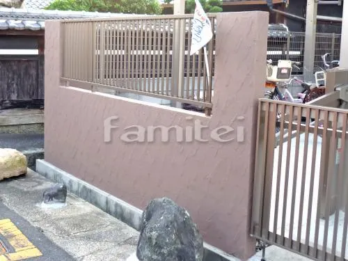 寝屋川市 リフォーム部分工事 お庭 床石貼り 乱形石 石英岩 タイルデッキ ピンコロ石花壇 電動跳ね上げ式門扉 自転車バイク屋根 既存塀 塗り替え