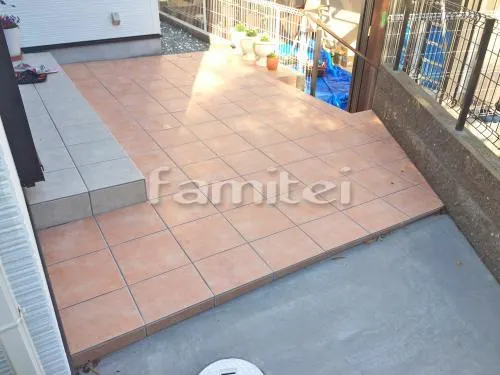 和泉市 リフォーム部分工事 タイルデッキ300角 木製調目隠しフェンス塀 LIXILリクシル セレビューRP3型 新日軽