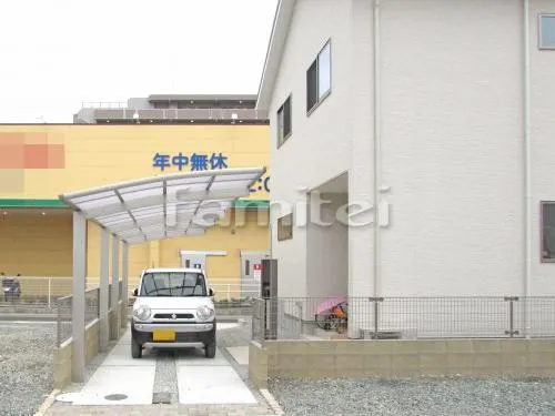 姫路市 新築ベーシック オープン外構 機能門柱  アーキッシュポール Dタイプ 玄関アプローチ 床平板貼り リビオ300角 カーポート レイナポート 土間コンクリート バラス砕石