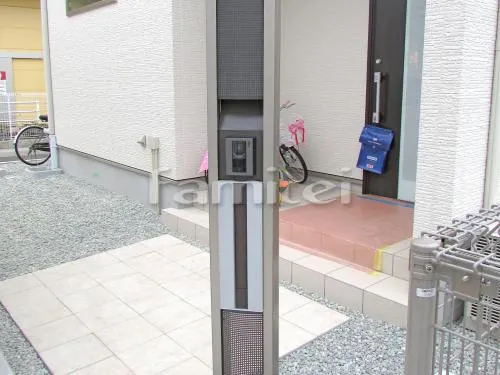 姫路市 新築ベーシック オープン外構 機能門柱  アーキッシュポール Dタイプ 玄関アプローチ 床平板貼り リビオ300角 カーポート レイナポート 土間コンクリート バラス砕石