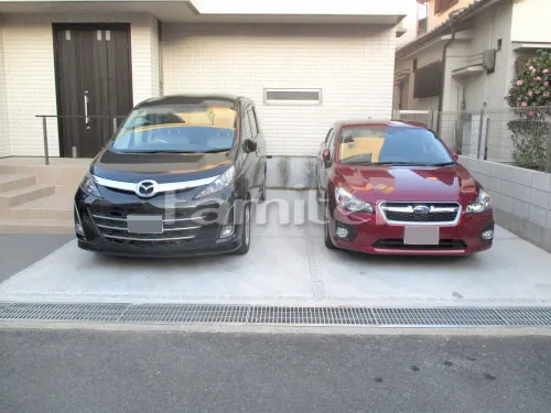 吹田市 新築ベーシック オープン外構 機能門柱 アプローチ 自転車バイク屋根 駐車場ガレージ床 シンボルツリー タイルデッキ 勝手口門扉 物置