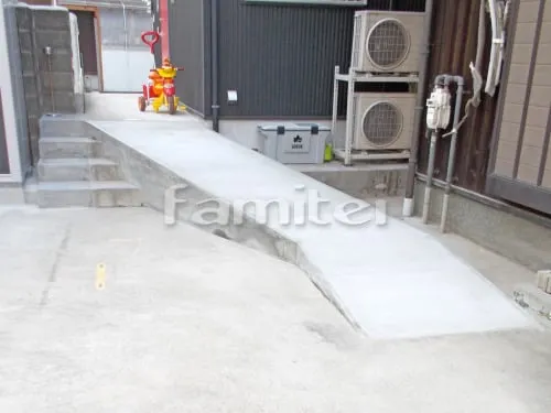 堺市中区 リフォーム外構工事 スロープ バリアフリー 段差ステップ解消 土間コンクリート ヨド物置 エルモ LMD-2915H 野外物置き 収納庫 倉庫