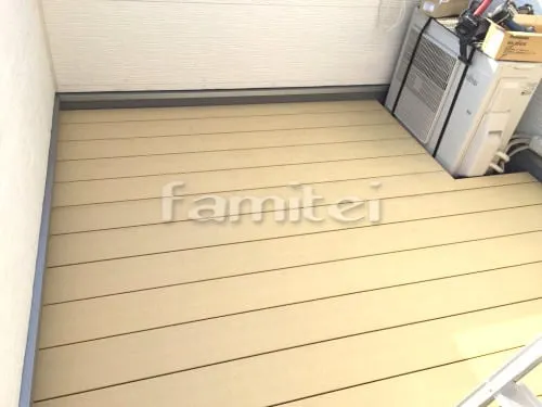 枚方市 エクステリア工事 人工木材ウッドデッキ LIXILリクシル 樹ら楽ステージ(きらら) 樹脂 TOEXトエックス 柱なし雨除け屋根 LIXILリクシル スピーネ 2階用 F型フラット屋根