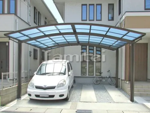 加古郡播磨町 リフォーム部分工事 カーポート YKKAP レイナポートグラン 横2台用(ワイド ツイン) R型アール屋根 バラス砕石 芝生撤去 土間コンクリート 芝生撤去