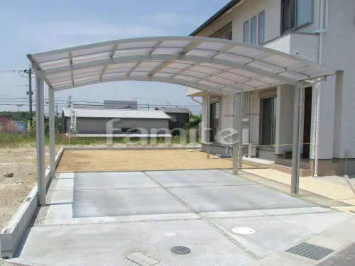 加東市 新築シンプル オープン外構 門柱 アプローチ 郵便受けポスト カーポート 土間コンクリート 境界フェンス 勝手口門扉 テラス屋根