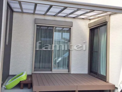 堺市美原区 エクステリア工事 雨除け屋根 LIXILリクシル スピーネ 1階用 F型フラット屋根 人工木ウッドデッキ ルチアデッキ