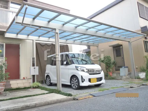 加古川市 エクステリア工事 木製調カーポート YKKAP エフルージュプラス 横2台用(ワイド ツイン) F型フラット屋根