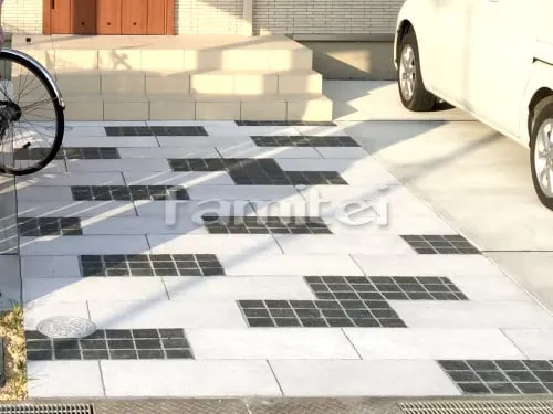 草津市 新築シンプル オープン外構 玄関まわり 門柱 アプローチ サイクルポート