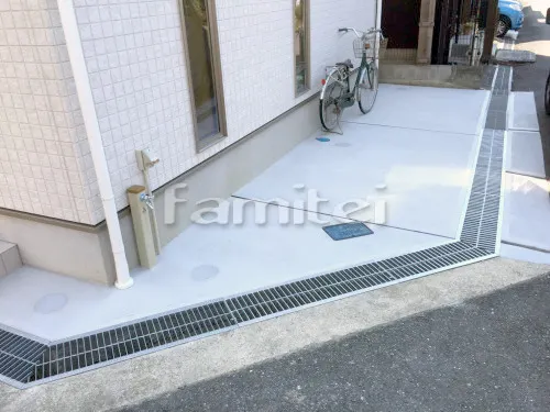 大和郡山市 外構工事 玄関まわり 機能門柱 三協アルミ セレージュ1型 駐車場ガレージ床 土間コンクリート 伸縮目地