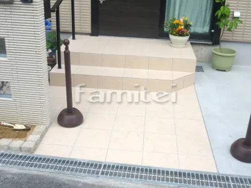 茨木市 新築シンプル オープン外構 玄関まわり 門柱 アプローチ サイクルポート 目隠しフェンス塀 ウッドデッキ テラス屋根