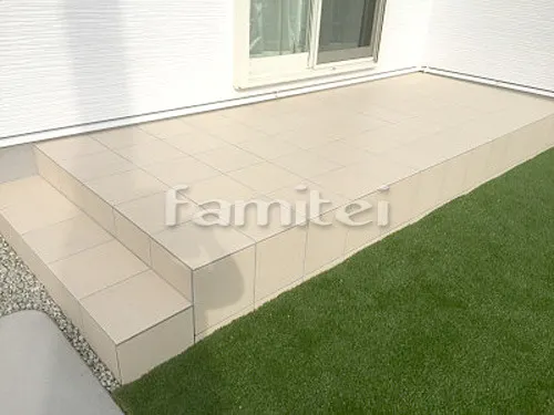 木津川市 新築ナチュラル オープン外構 門柱 アプローチ 土間コンクリート タイルデッキ