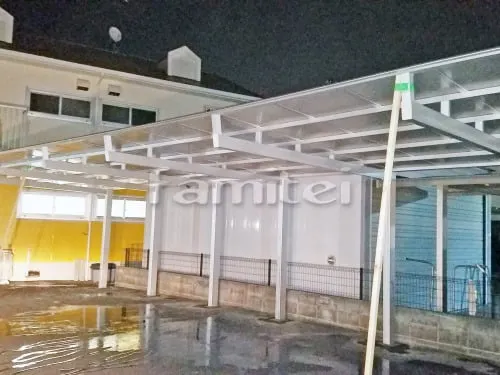 加古川市 エクステリア工事 カーポート 三協アルミ ニューマイリッシュ 縦2台用(縦連棟) F型フラット屋根 柱なし雨除け屋根 LIXILリクシル スピーネ 1階用 F型フラット屋根