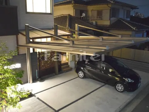 堺市東区 新築ハイクラス オープン外構 ライティング 門柱 アプローチ カーポート テラス屋根 植栽 ライトアップ