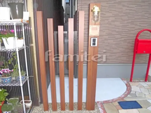 尼崎市 新築ナチュラル オープン外構 玄関まわり 門柱 ポスト アプローチ カーポート 土間コンクリート 勝手口門扉 目隠しフェンス塀 花壇