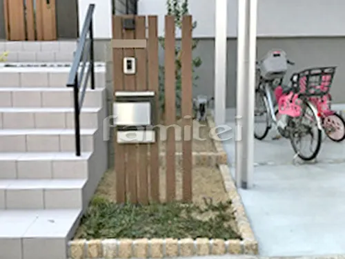 北葛城郡河合町 新築シンプル オープン外構 玄関アプローチ階段 床タイル貼り LIXILリクシル グレイスランド300角 手摺り(手すり) アーキレール 機能門柱 ユニソン フォレスコネクトST 角柱 フォレスポール ピンコロ石花壇