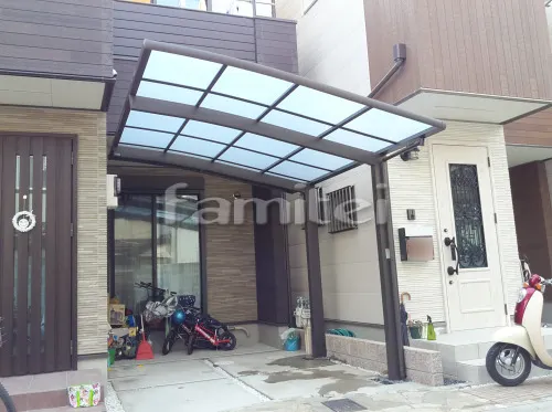 京都市右京区 エクステリア工事 カーポート LIXILリクシル ネスカR 1台用(単棟) R型アール屋根 ベランダ屋根 三協アルミ レボリューAテラス屋根 2階用 F型フラット屋根 物干し