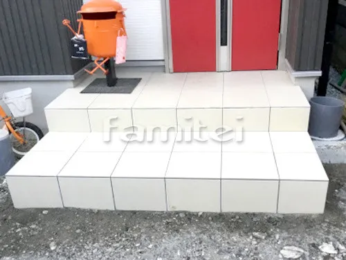 天理市 エクステリア工事 玄関ポーチ 床タイル貼り アイコットリョーワ マディソン300角 MD-300M-83