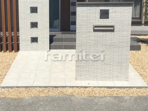 守山市 新築シンプル オープン外構 門柱 アプローチ フェンス 洗濯干し屋根