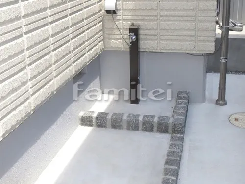 明石市 新築シンプル オープン外構 門柱 アプローチ カーポート 土間コンクリート 門扉 フェンス 濡れ縁 芝生 立水栓