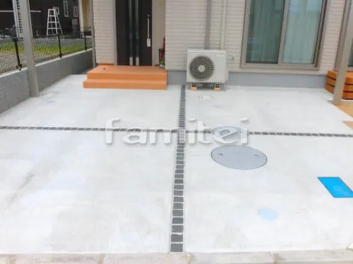 和歌山市 新築ナチュラル オープン外構 玄関まわり 門柱 アプローチ カーポート 土間コンクリート フェンス ウッドデッキ