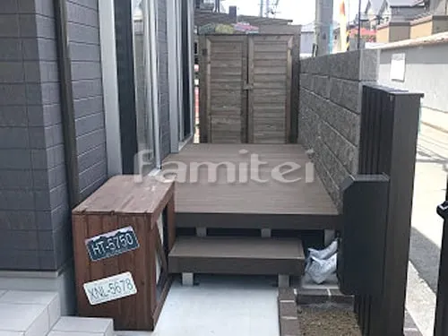 岸和田市 リフォームシンプル セミクローズ外構 玄関門扉 LIXILリクシル ジオーナTC型 04・08-12 親子両開き レンガ積み花壇 ユニソン ソイルレンガ 化粧ブロック 久保田セメント バリュー1 人工木ウッドデッキ YKKAP リウッドデッキ200 階段ステップ1段